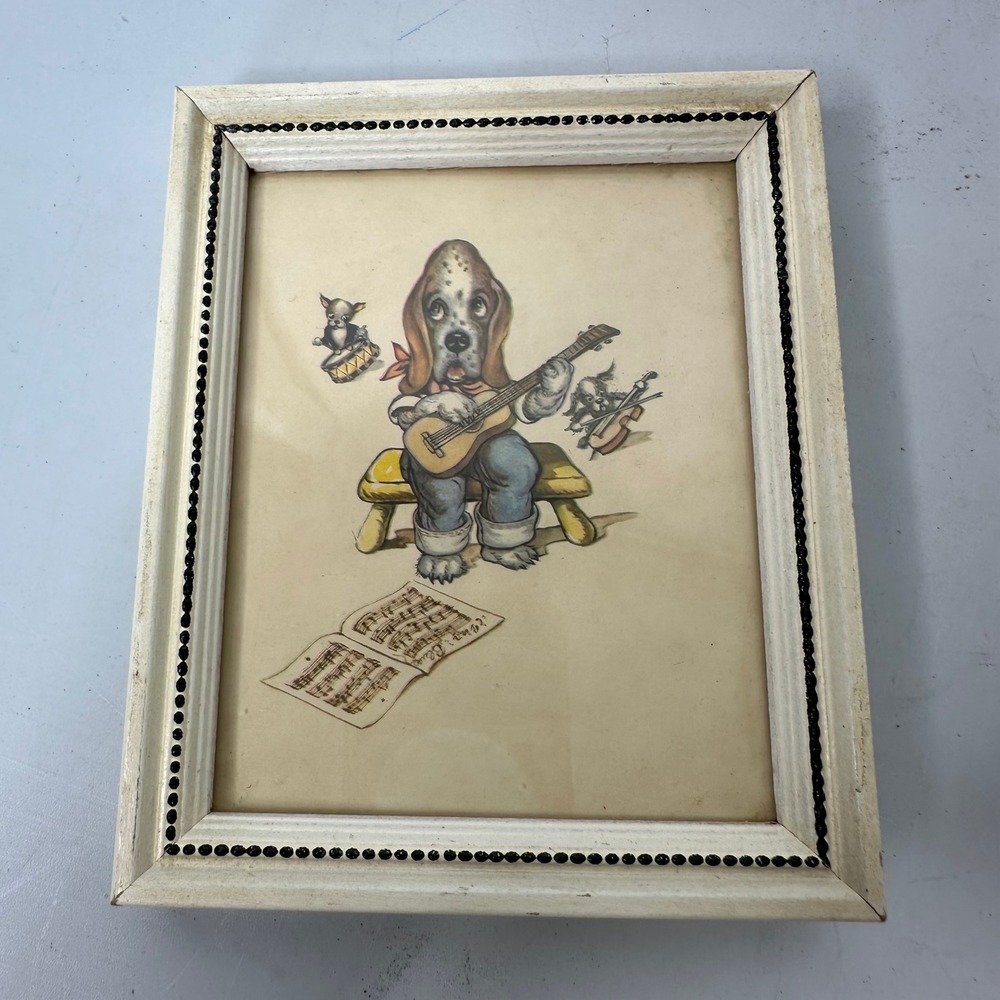 Vintage Lambert Product Framed Dog Art Basset Hound Playing Guitar 4x5 USA Made